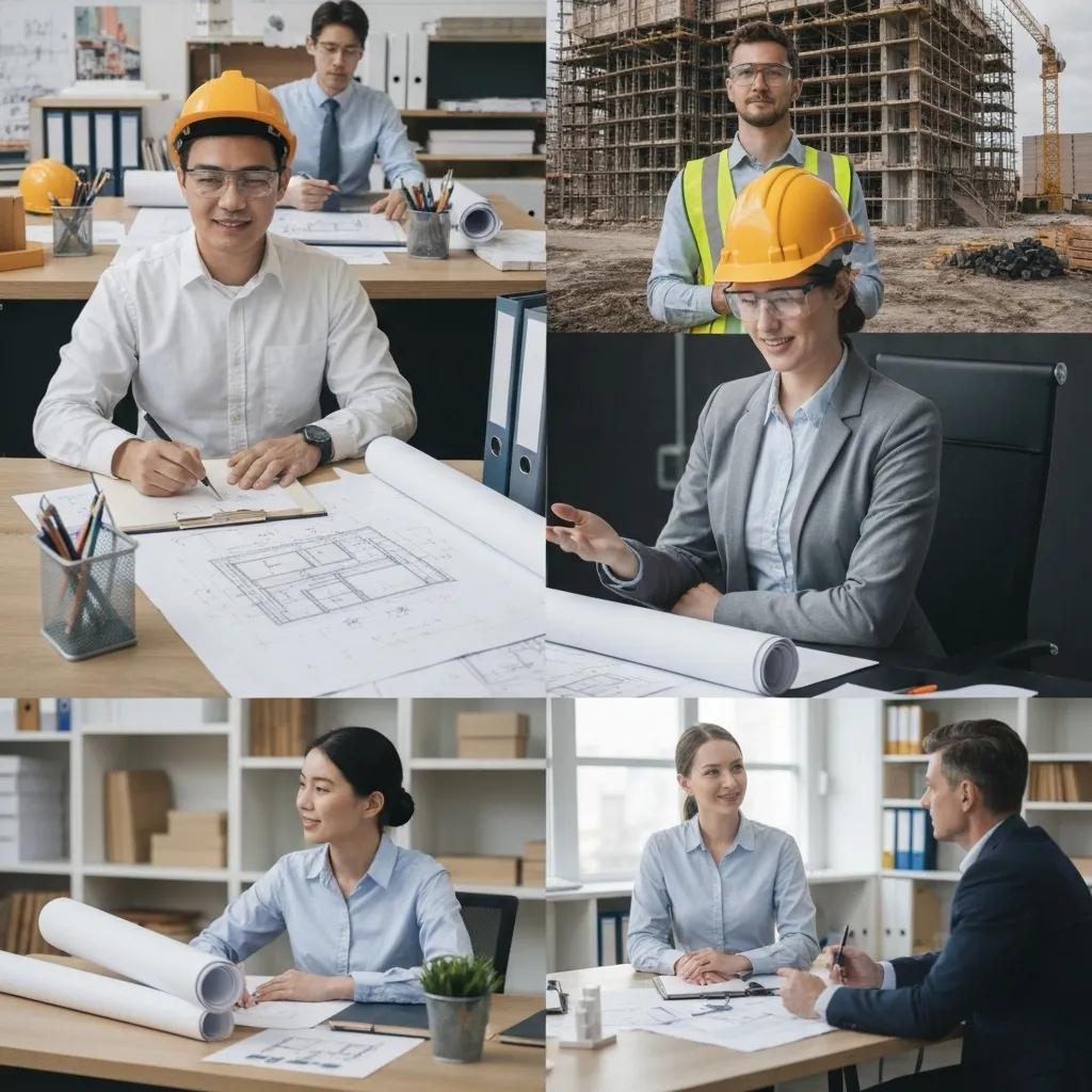 Collage showcasing construction services covered by professional liability insurance, emphasizing architectural and consulting roles Collage showcasing construction services covered by professional liability insurance, emphasizing architectural and consulting roles