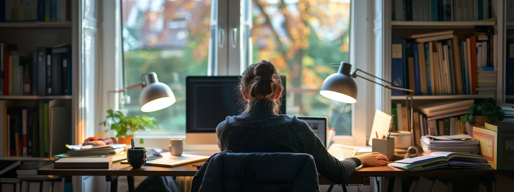 a person sitting at a desk with a computer, surrounded by books and notes, participating in an online mindfulness course.