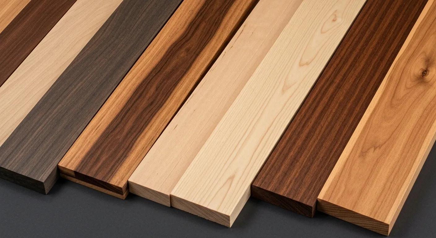 Samples of Tasmanian Oak, Marri, and Blackbutt hardwoods, highlighting unique grain patterns and colors