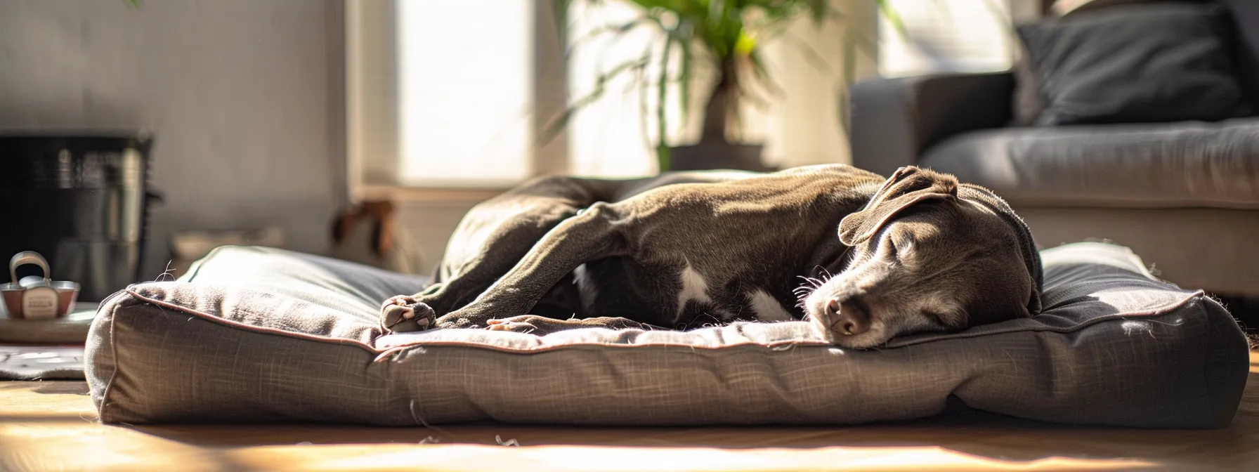 an older dog resting comfortably on a memory foam bed in a living room with non-slip rugs and easily accessible water and food bowls nearby.