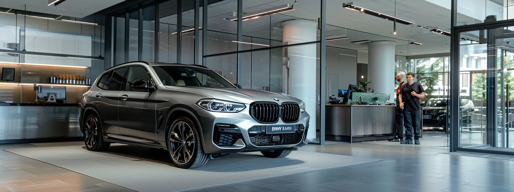 a sleek, silver bmw parked in a modern dealership showroom with a sales team member answering questions for a well-prepared customer.