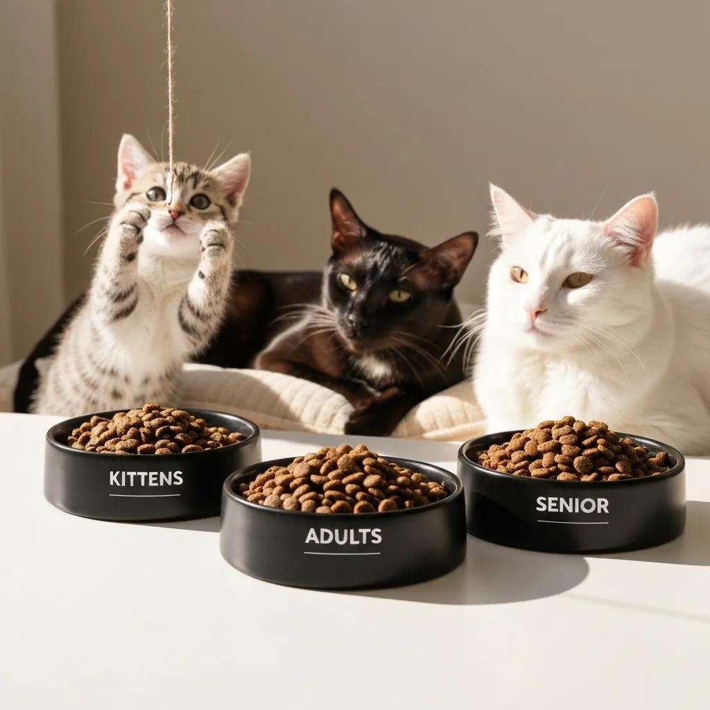 Bowls of dry cat food for kittens, adults, and senior cats with playful cats in the background