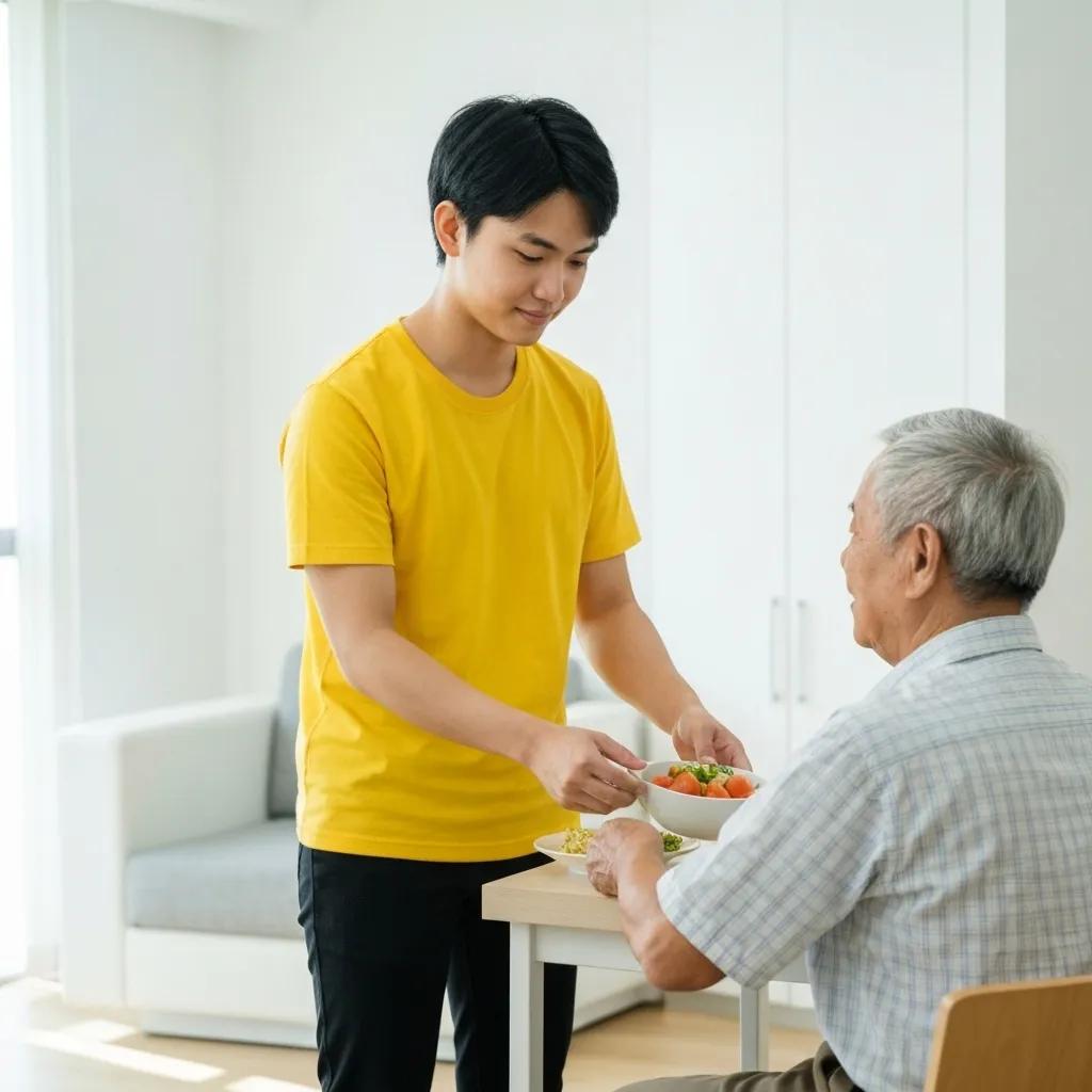 A compassionate caregiver assisting an older person with a daily task, highlighting the range of services available through the Support at Home program