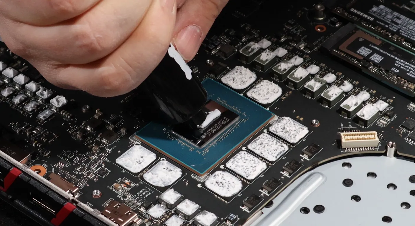 Close-up of a technician applying thermal paste to an NVIDIA GPU chip on a laptop motherboard, with surrounding memory modules visible.