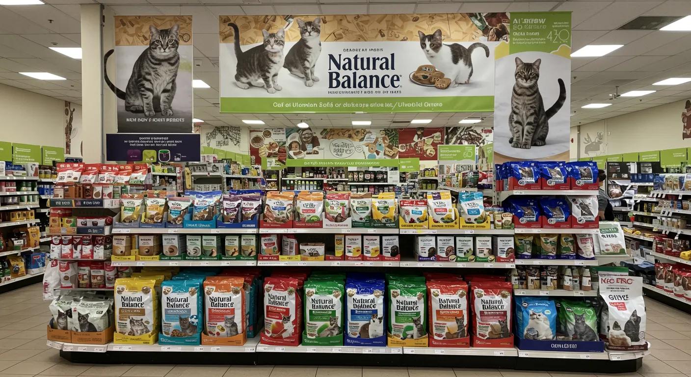 a vibrant storefront display showcases an array of natural balance cat food packages, inviting customers with clear ingredient labels and eye-catching branding in a bustling pet specialty store setting. a vibrant storefront display showcases an array of natural balance cat food packages, inviting customers with clear ingredient labels and eye-catching branding in a bustling pet specialty store setting.