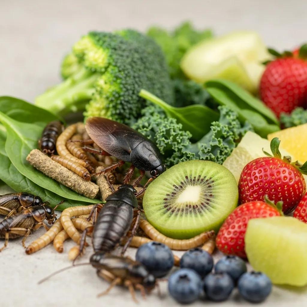 Variety of feeder insects and fresh vegetables for a balanced bearded dragon diet