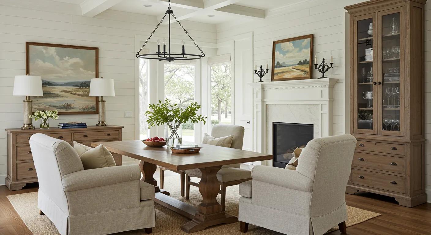 a sophisticated interior of an upscale southern home in milton, ga, showcases custom handcrafted wood furniture in soft neutral tones, exuding an elegant modern farmhouse style that embodies quiet luxury and refined southern charm.