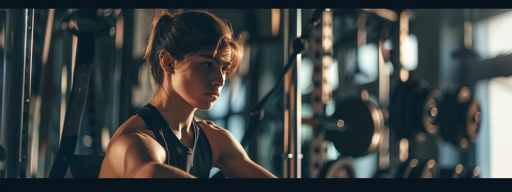 a person surrounded by various exercise equipment in a gym, looking determined and focused on their ectomorph weight gain journey.