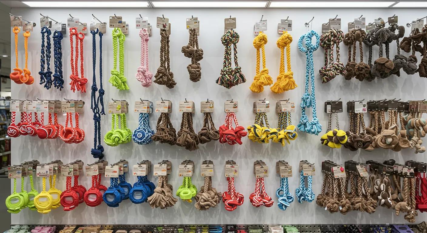 a dynamic product showcase in a modern pet supply store features a vivid display of nylon and cotton rope toys, highlighting their contrasting textures and colors against a sleek, minimalist backdrop. a dynamic product showcase in a modern pet supply store features a vivid display of nylon and cotton rope toys, highlighting their contrasting textures and colors against a sleek, minimalist backdrop.