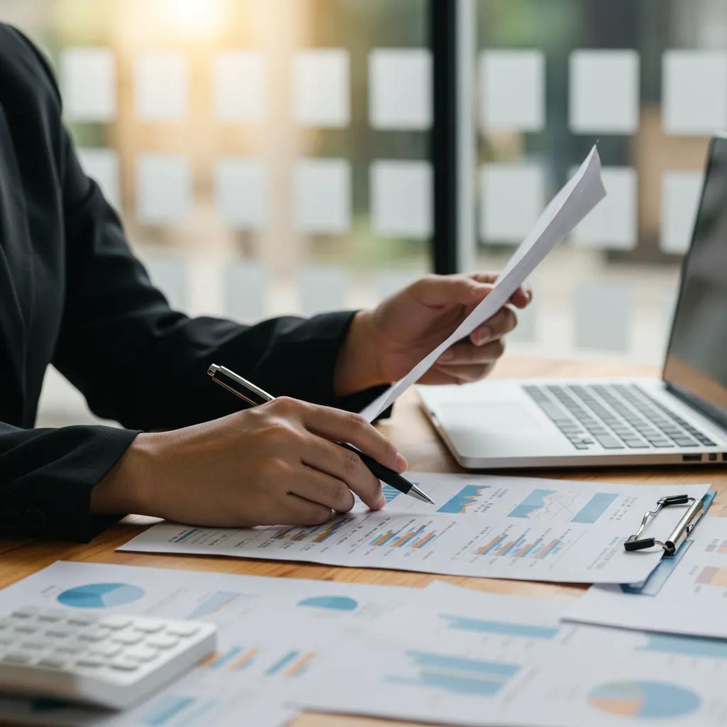 An individual carefully reviewing investment strategies and market trends laid out on a desk