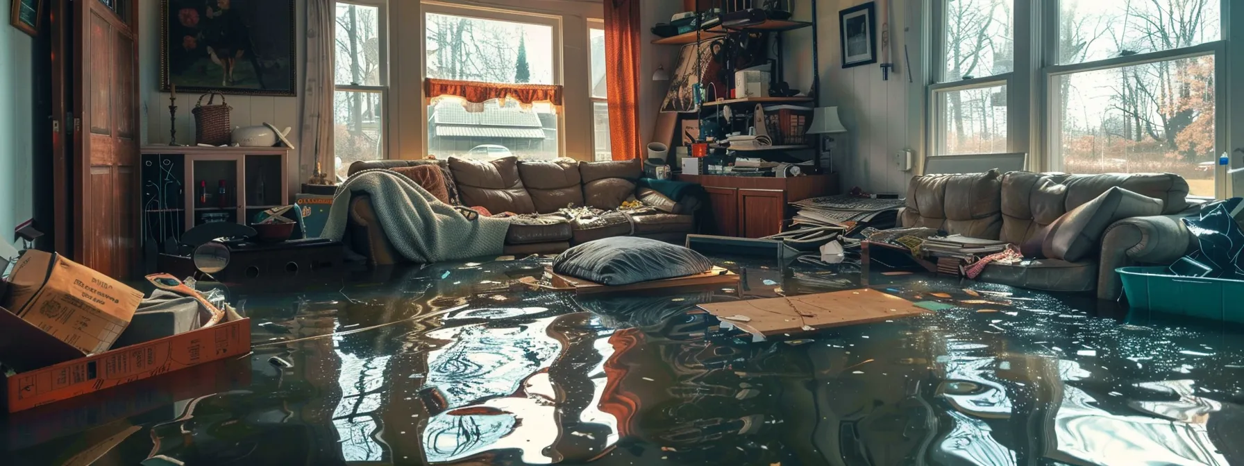 a flooded home with damaged furniture and belongings.