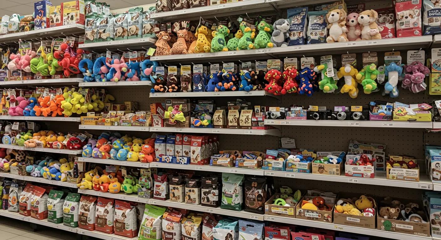 a vibrant pet store aisle showcases an array of colorful, soft dog toys displayed on neatly organized shelves, emphasizing their diverse shapes and textures to highlight the various benefits for playful pets. a vibrant pet store aisle showcases an array of colorful, soft dog toys displayed on neatly organized shelves, emphasizing their diverse shapes and textures to highlight the various benefits for playful pets.