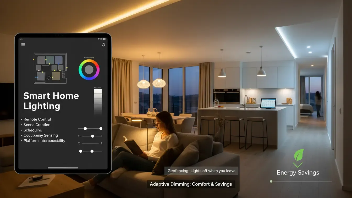Smart lighting control app managing indoor lighting scenes, adaptive dimming, and energy savings in a modern interior space