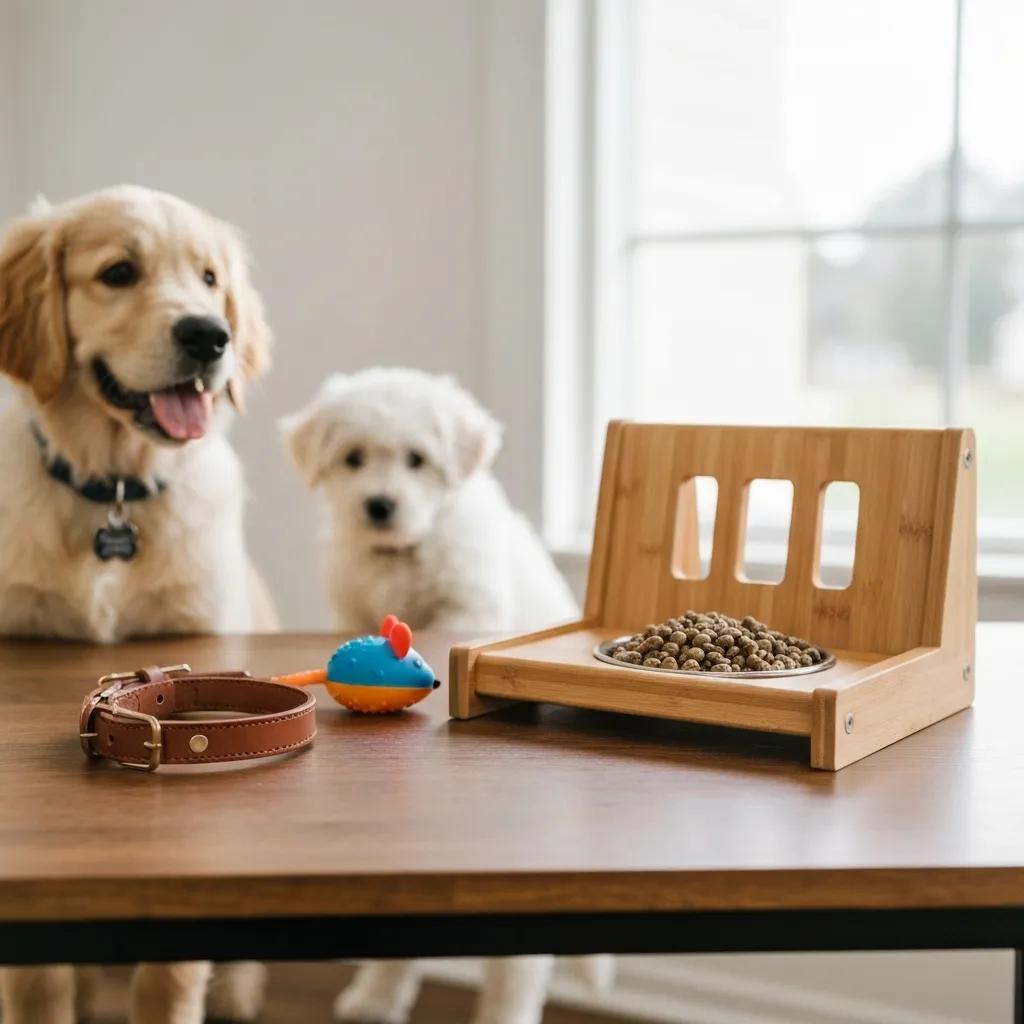 A stylish display of essential puppy accessories, including collars, leads, and engaging toys, perfect for new puppies on the Gold Coast