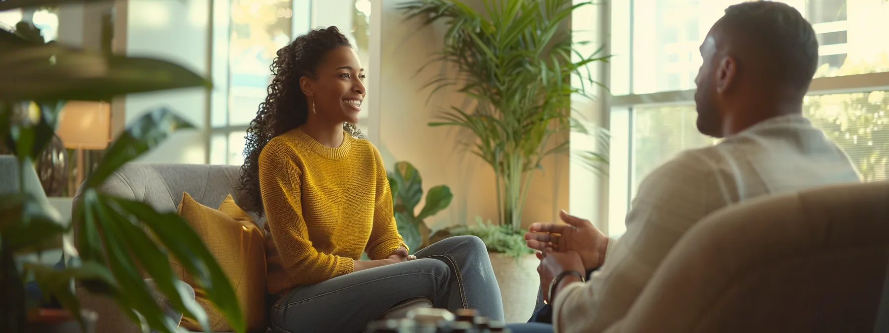 a person confidently discussing financing options with a friendly credit union representative in a cozy office setting.