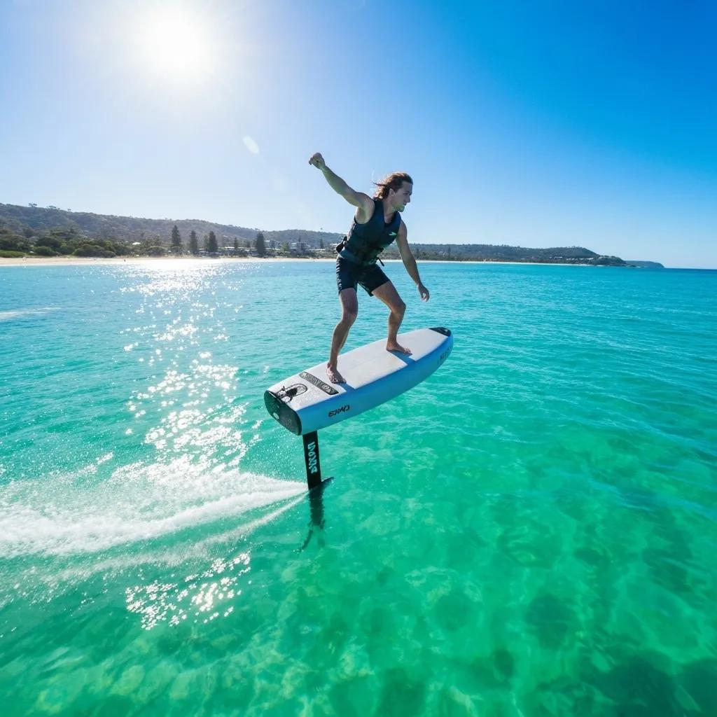 Rider gliding on an electric hydrofoil above turquoise waters of the Gold Coast