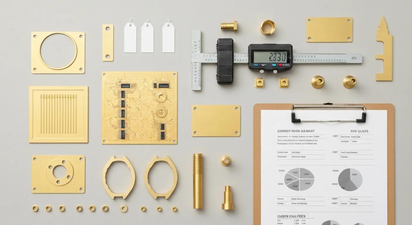 A clean, professional flat lay composition featuring gold-plated metal components such as circuit boards, jewelry pieces, and industrial parts arranged neatly on a neutral background. Include a digital caliper, price tags, and a clipboard with charts or cost breakdowns to represent pricing and quotes. Use a minimalistic, well-lit style with a focus on the contrast between gold surfaces and technical tools. No people or animals.