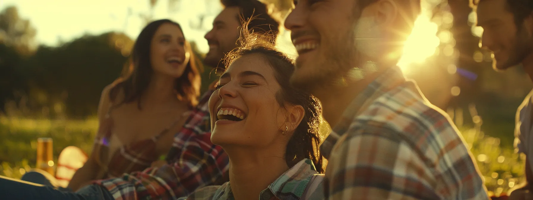 a group of friends laughing and enjoying each other's company at a picnic in the park.