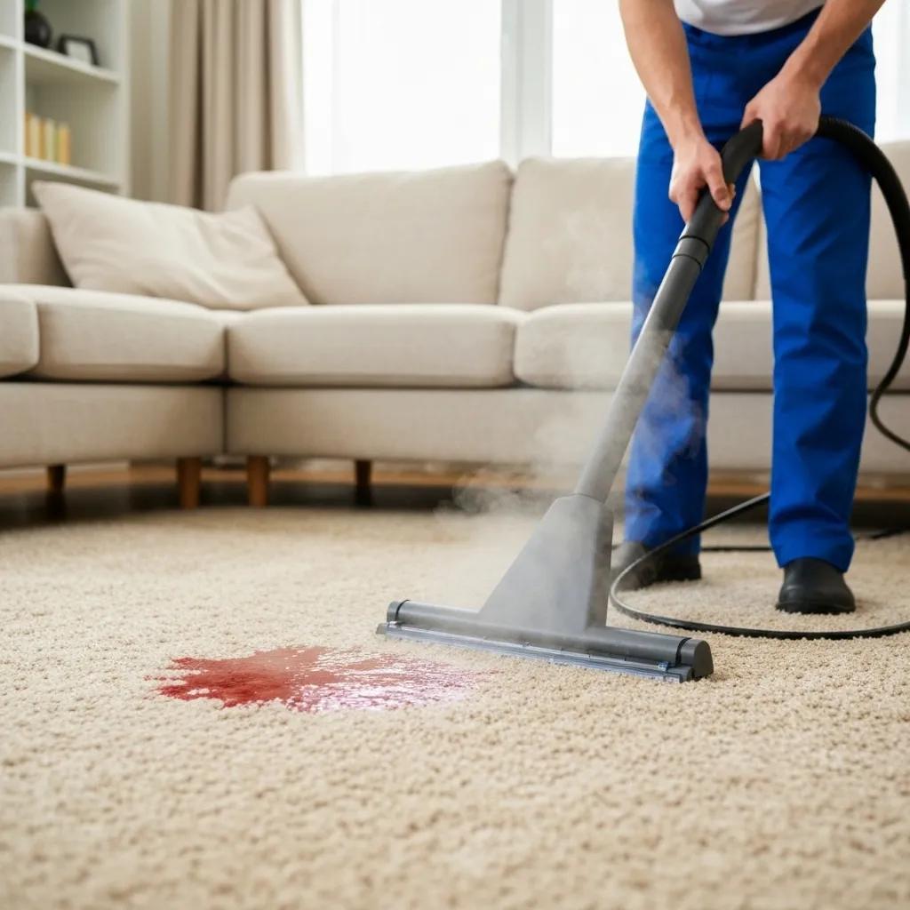 A professional carpet cleaner using steam to tackle a red wine stain, demonstrating effective stain removal techniques