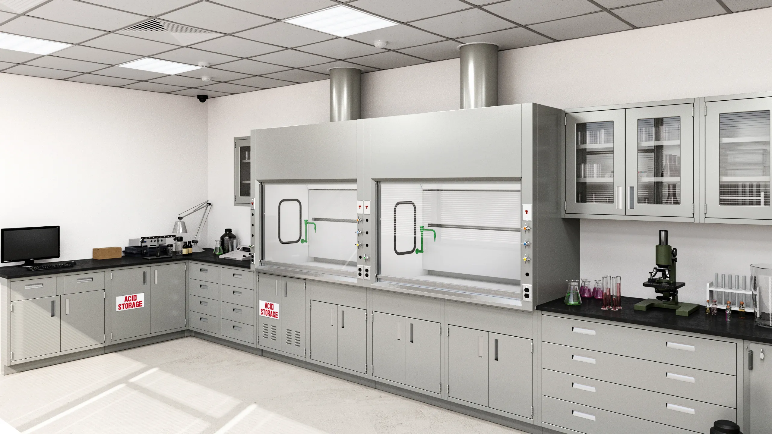 Defender Series benchtop fume hoods in a lab setting