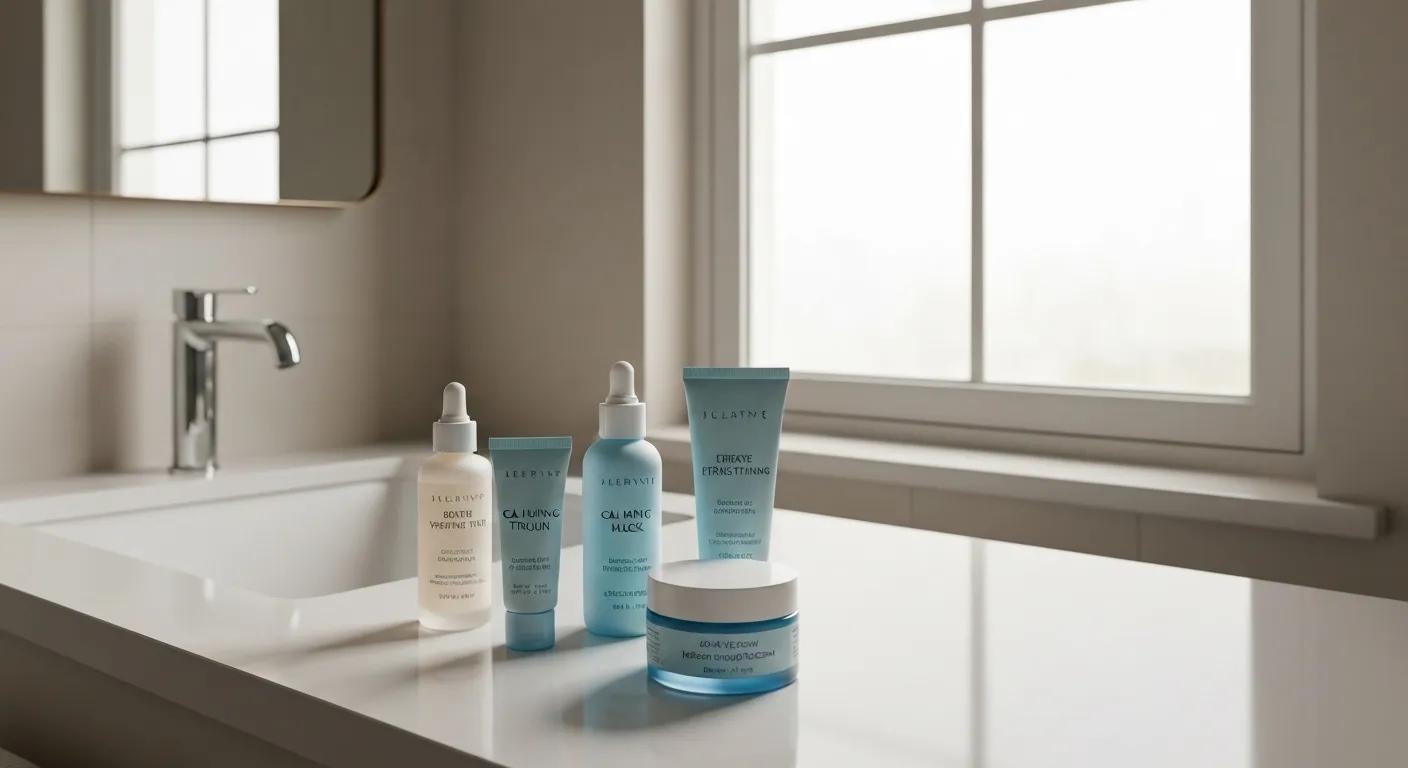 Skincare products for eyebrow tinting aftercare in a serene bathroom setting