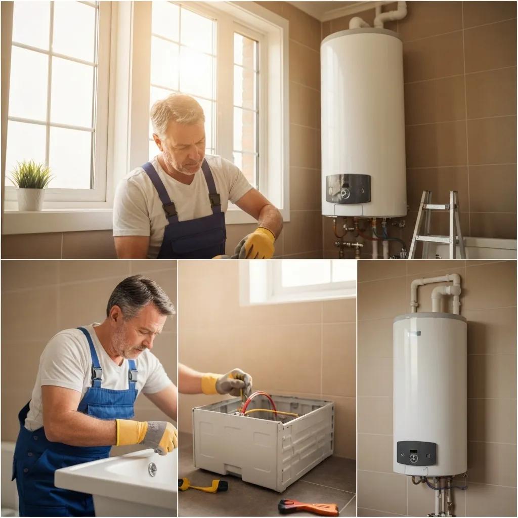 Professional plumber carefully installing a new hot water system, demonstrating adherence to safety and installation standards