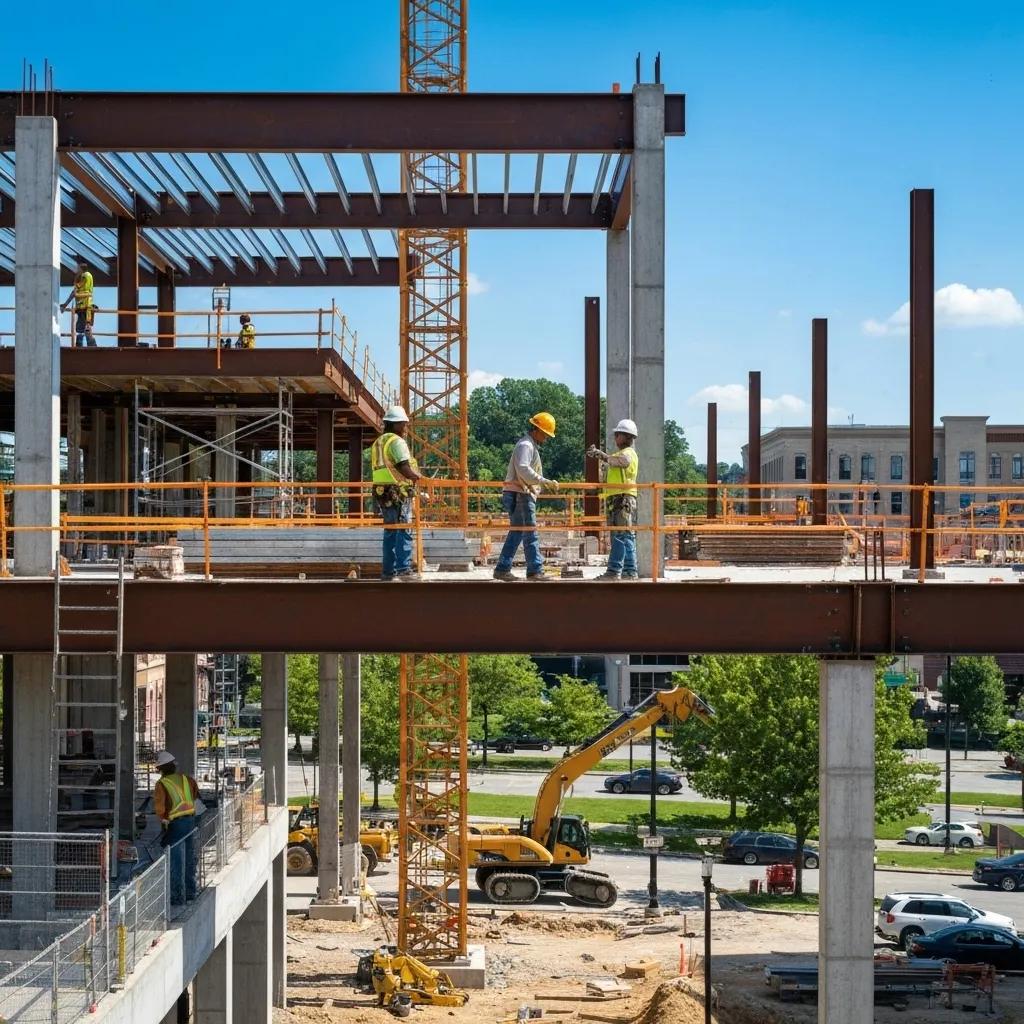 Commercial construction site in Knoxville, TN with workers and machinery