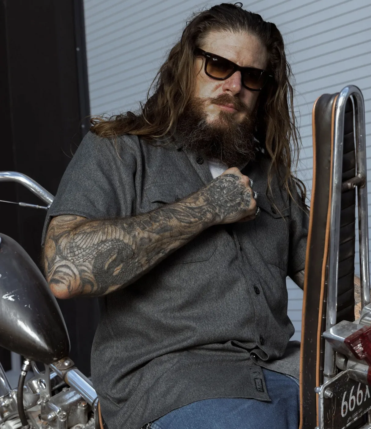 Man on motorcycle wearing Obsidian Short Sleeve Flannel