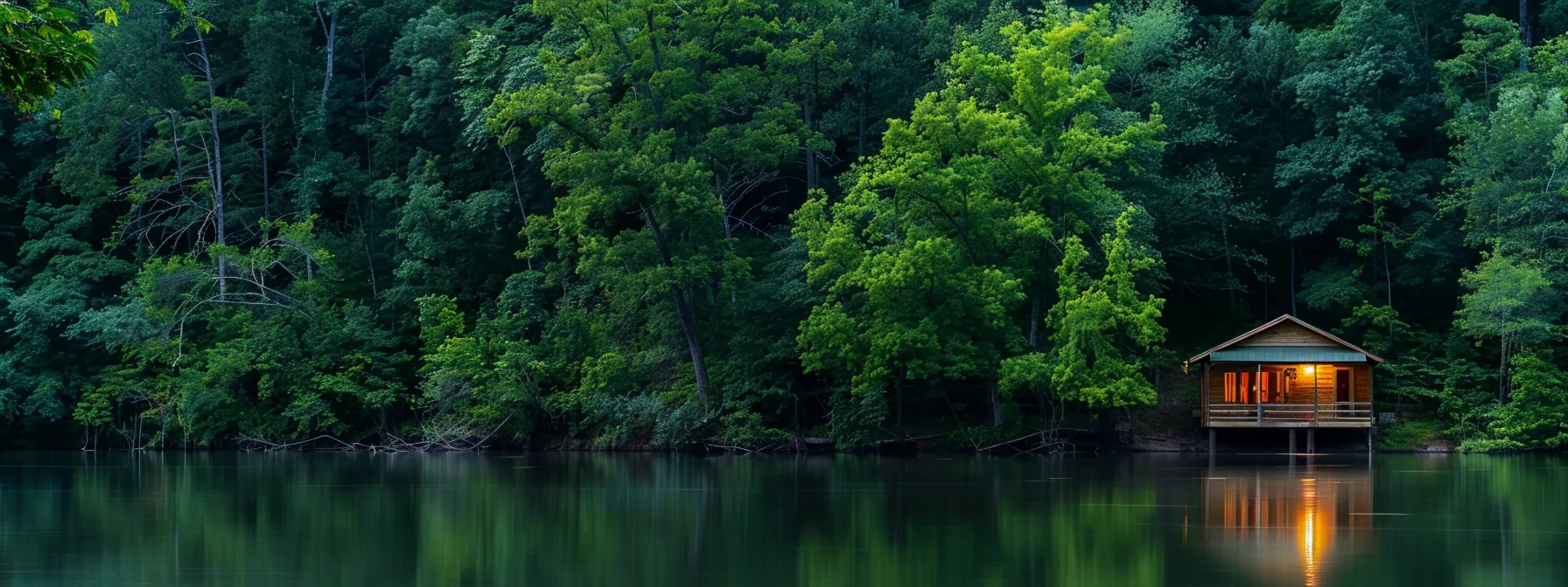 a secluded cabin nestled among lush forests along the tennessee river.