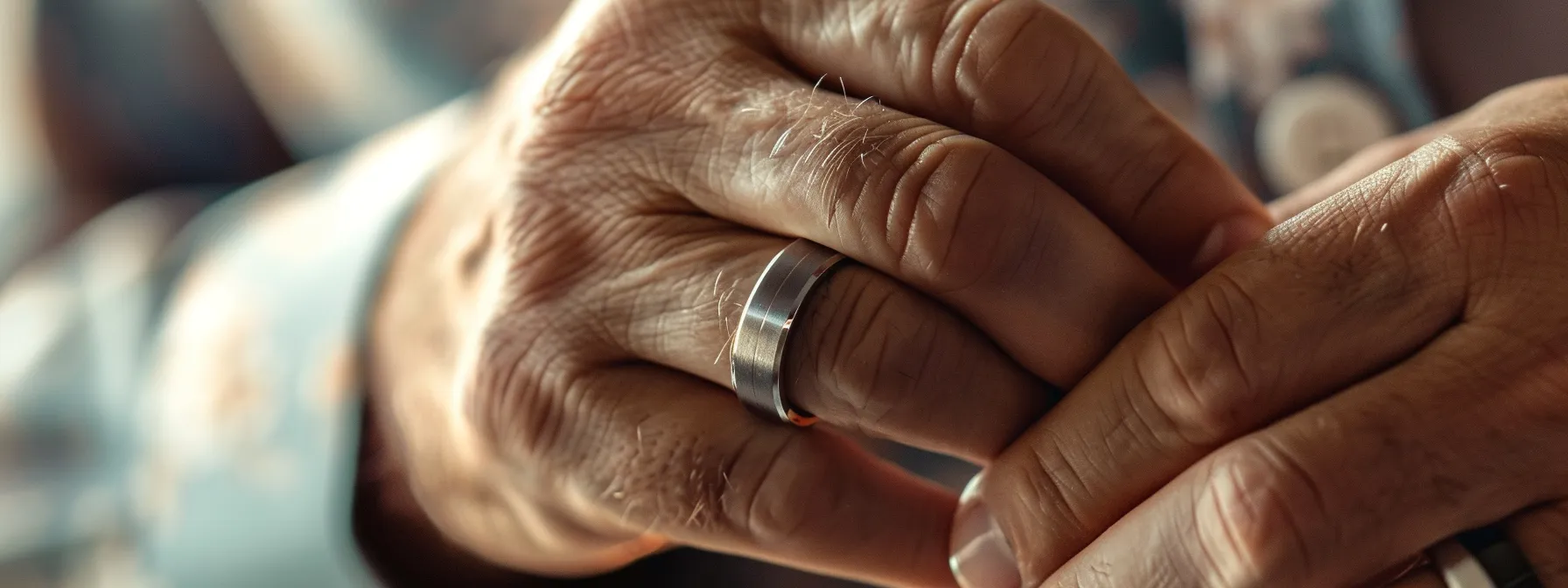 a man is admiring his tungsten carbide wedding band, reflecting a barrel-like shine with a satisfying weight on his hand.