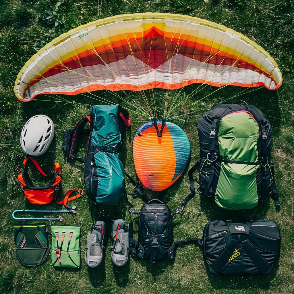 Essential paragliding equipment including glider, harness, reserve parachute, and helmet on a grassy field