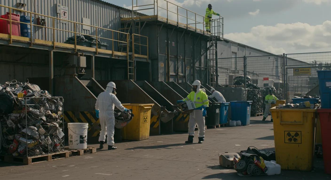 Hazardous waste disposal facility with workers safely handling prohibited items, emphasizing responsible disposal practices