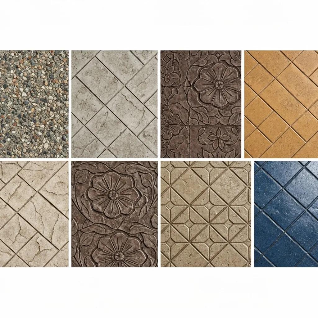 A diverse range of decorative concrete finishes, including exposed aggregate and stamped patterns, showcasing beautiful aesthetic possibilities.