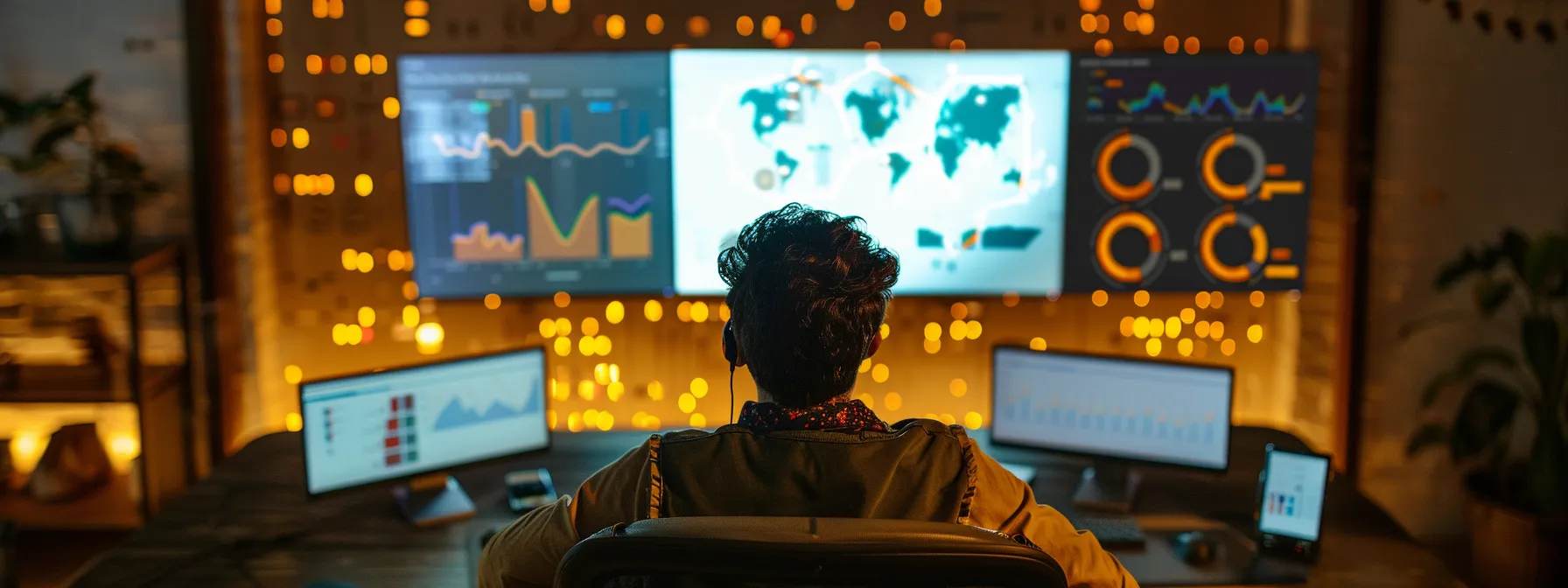 a person viewing analytics on a large computer screen surrounded by mobile devices.