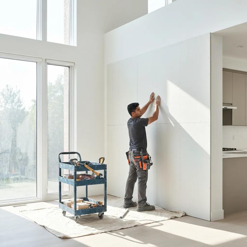 Professional drywall installation in a modern Toronto home, highlighting skilled craftsmanship and quality materials