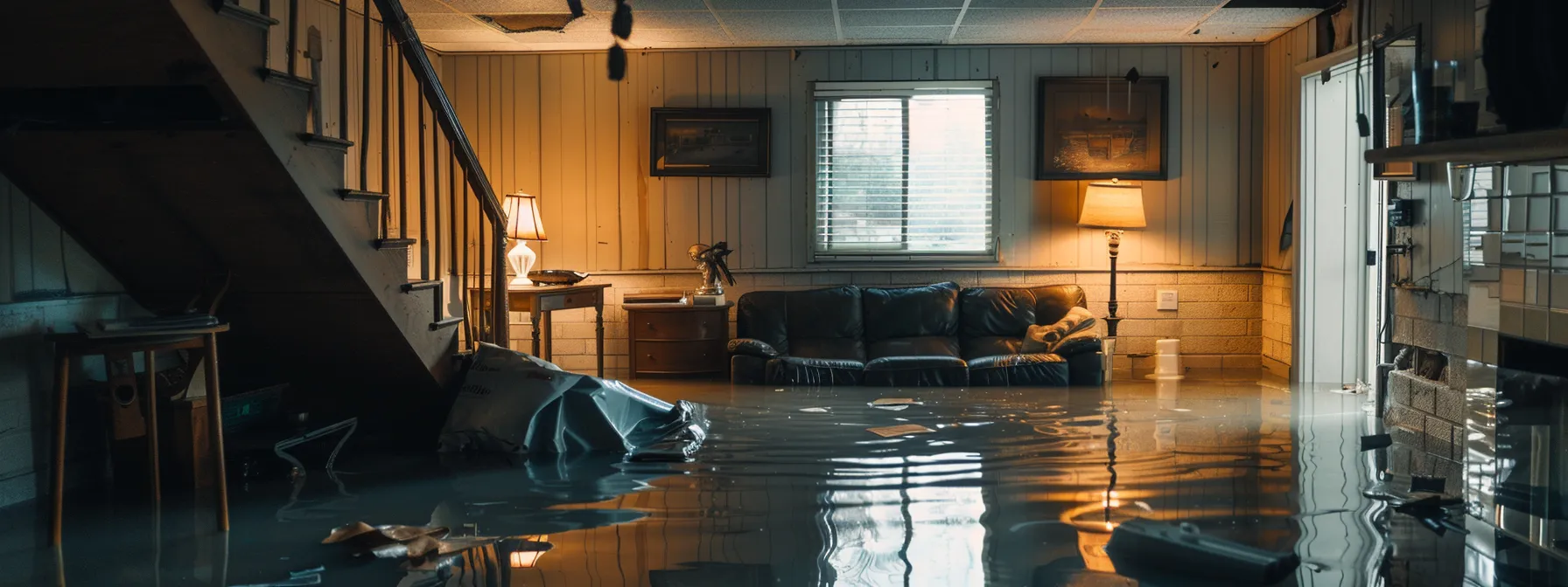 a flooded basement with water damage in a residential home.