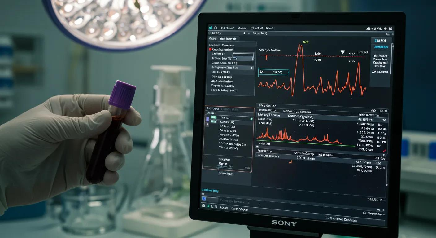 a meticulous laboratory setting captures a close-up of a blood test analysis, showcasing vivid diagnostic screens displaying mcv values alongside various hematological indices, illuminated by bright, sterile overhead lighting.