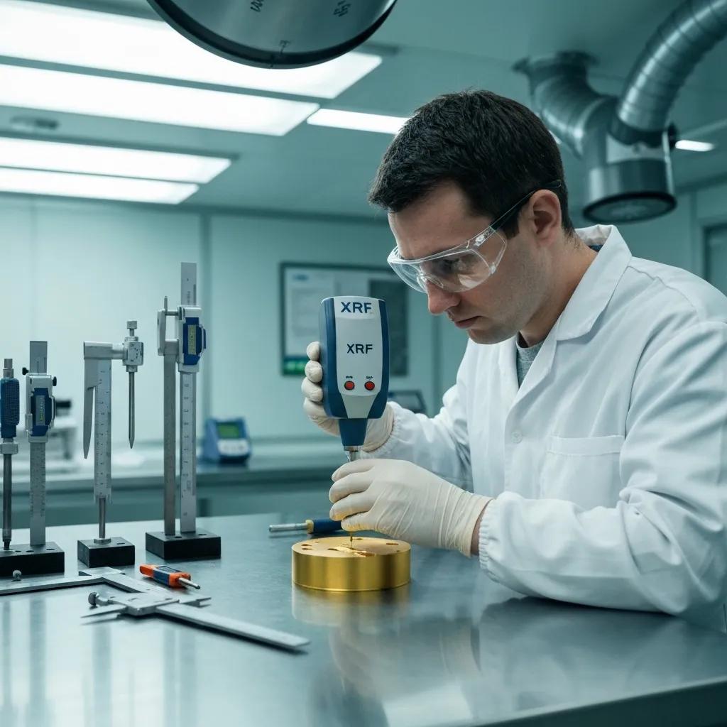 Technician meticulously performing quality control testing on a gold-plated item