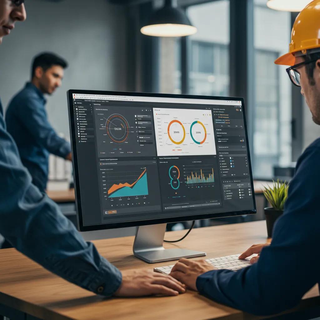 Facility management technician using a dashboard to coordinate maintenance tasks in a modern office