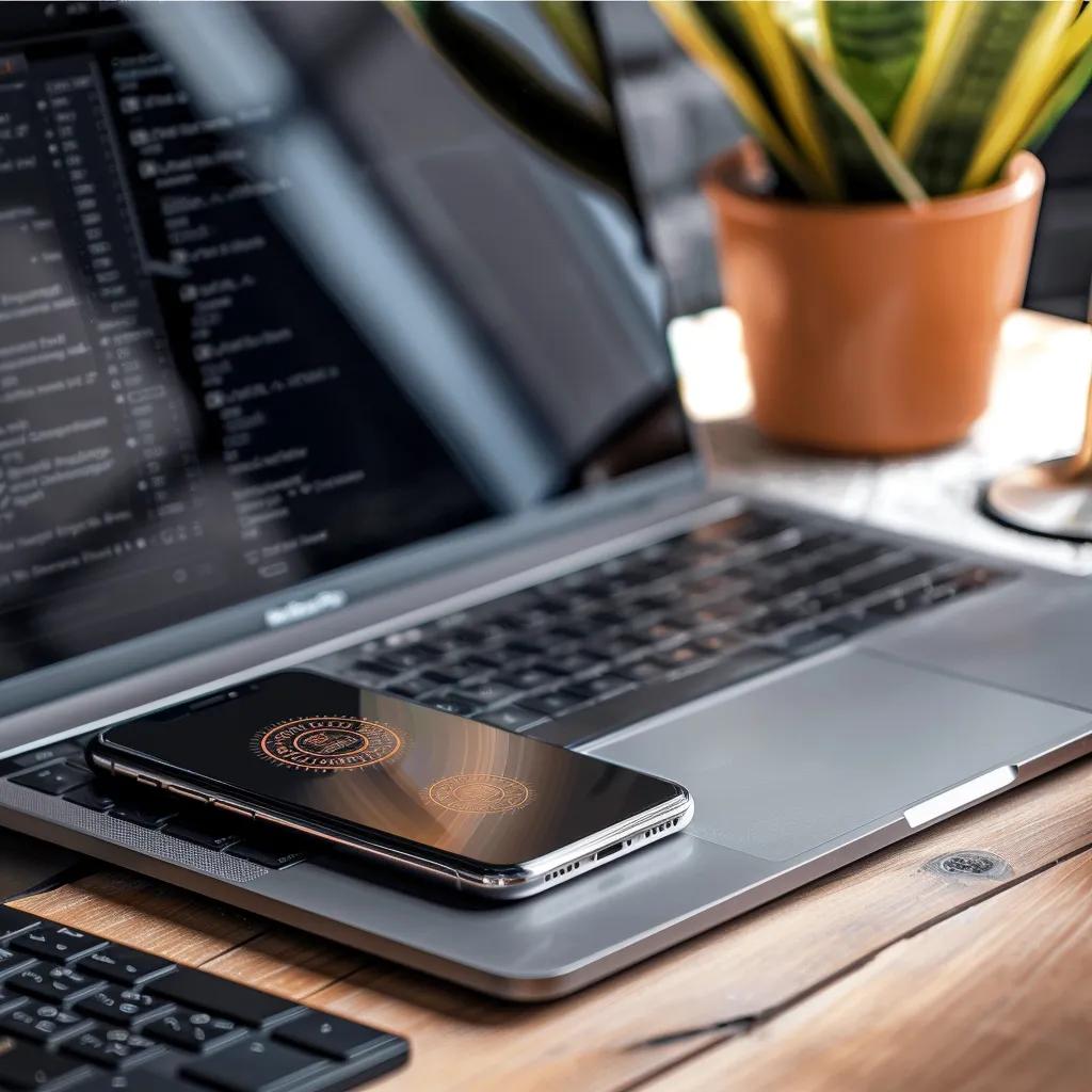 Smartphone showing a verification code next to a laptop, representing two-factor authentication for online security