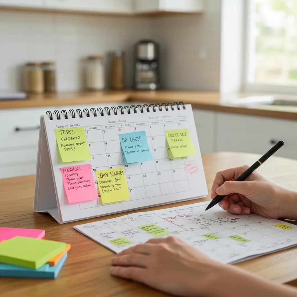 Family calendar with cleaning schedule and tasks, emphasizing organization and planning