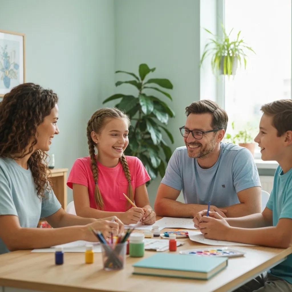 Family collaborating on positive discipline principles at a table