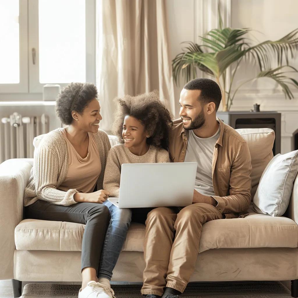 Family discussing appliance repair options with a laptop displaying customer reviews, illustrating the influence of feedback on service choice