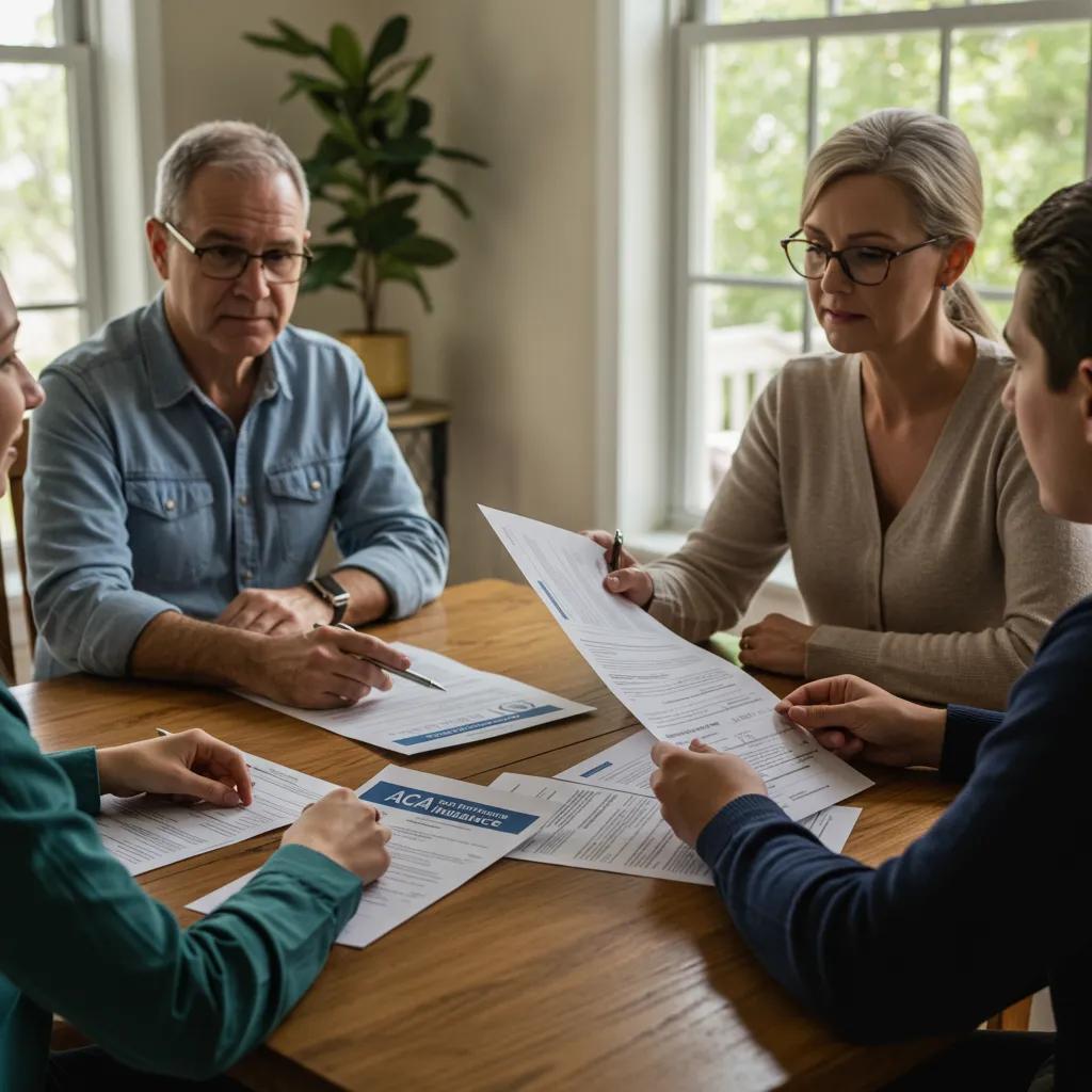 Family discussing ACA health insurance options at a table, highlighting the importance of understanding coverage changes during the COVID-19 pandemic