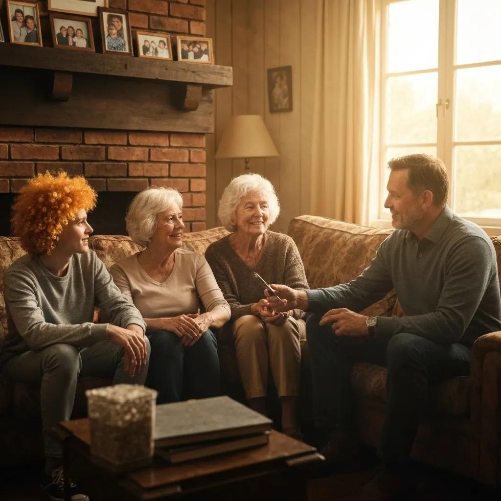 Family discussing heir tracing with a private investigator in a cozy setting