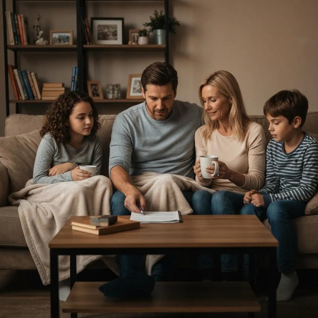 Family discussing life insurance in a cozy living room, highlighting financial security and protection