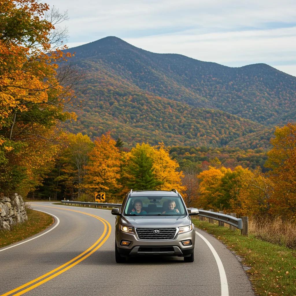 Family driving through scenic byway in Blue Ridge Mountains