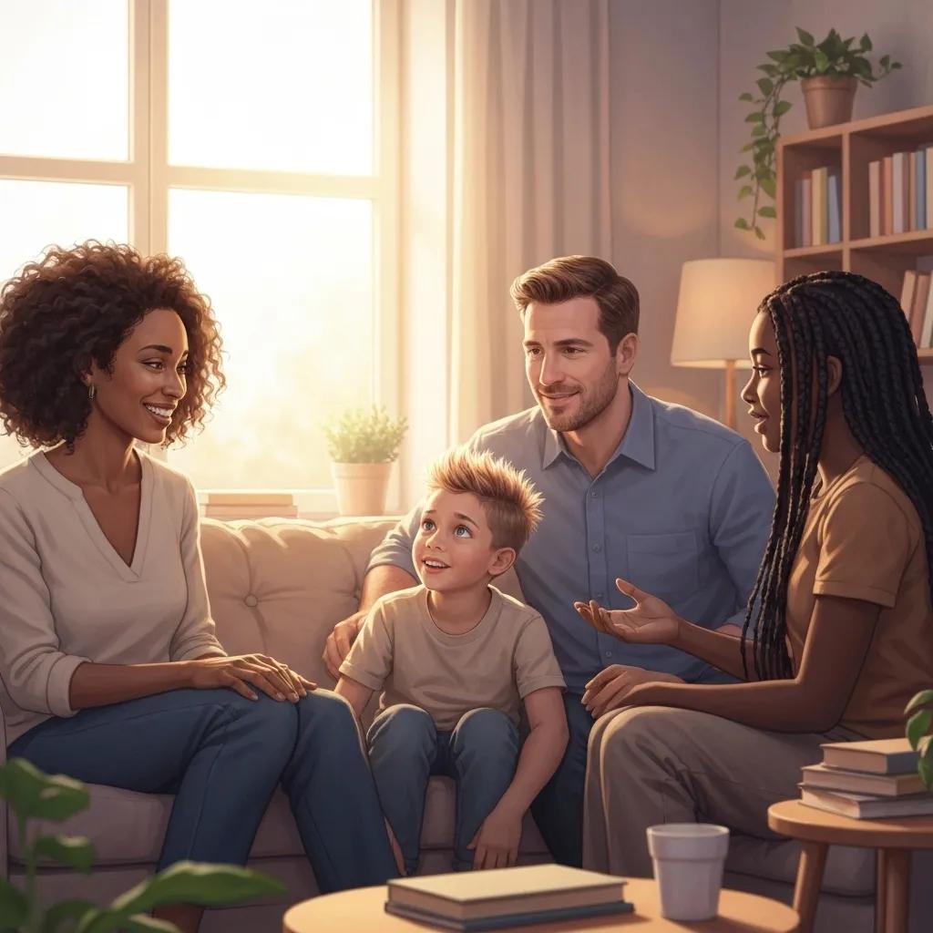 A family sharing a moment of understanding and connection, symbolizing effective conflict resolution