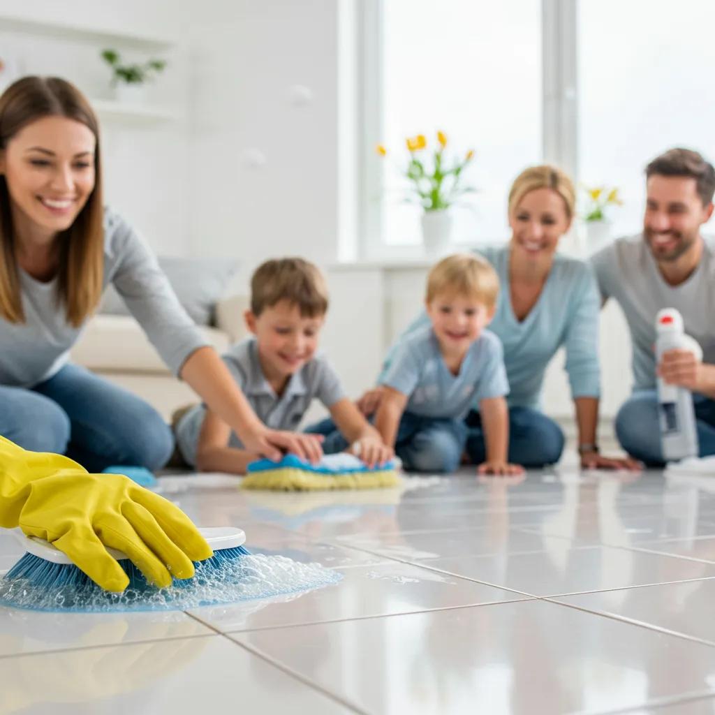 What to Expect for Gleaming, Healthy Floor Tiles 1 Family enjoying a clean home with sparkling tile floors