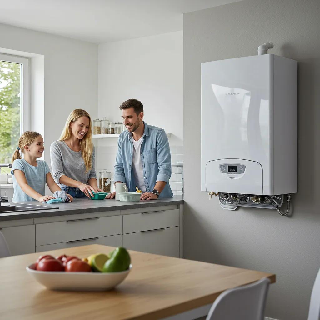 A family enjoying the convenience of a combi boiler in their modern kitchen, highlighting ease of use and efficiency